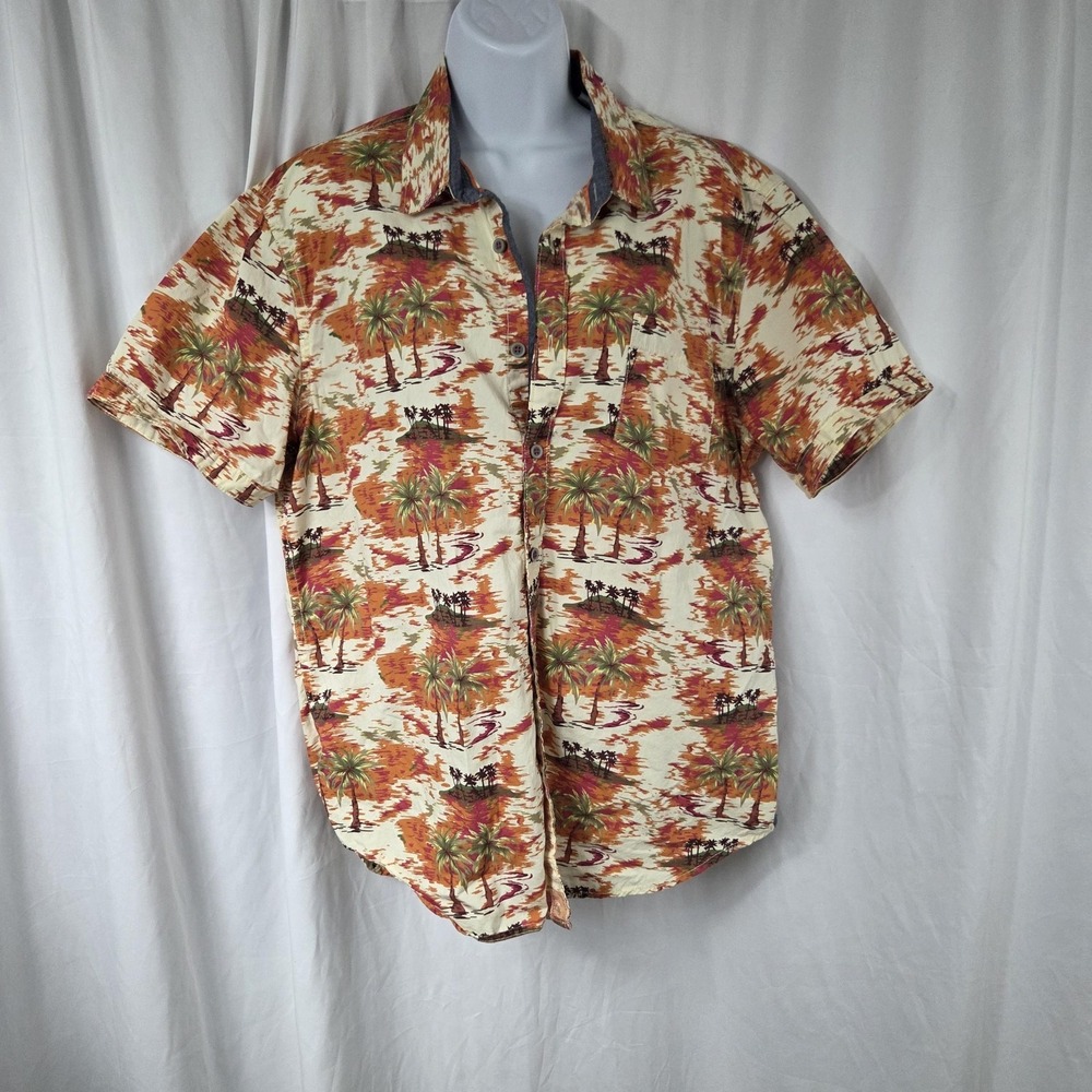 MBX Shirt Mens Large Beige Palm Tree Tropical Hawaiian Button Up Casual Beach